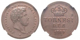 Napoli , Ferdinando II di Borbone 1830-1859 
3 Tornesi, 1847, AE 9.35 g.
Ref : MIR 526/2, Pannuti Riccio 236, KM#290
Conservation : NGC MS63 BN. Rare
