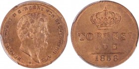 Napoli , Ferdinando II di Borbone 1830-1859 
2 Tornesi, 1858, AE 6.24 g.
Ref : MIR 528/14, KM#327
Conservation : PCGS MS66 RB. FDC