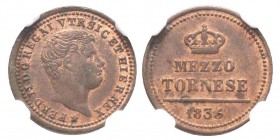 Napoli , Ferdinando II di Borbone 1830-1859 
1/2 Tornese, 1835, AE 1.56 g.
Ref : MIR 534/2, Pannuti Riccio 302, KM#313
Conservation : NGC MS62 RB.
