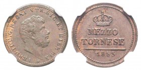 Napoli , Ferdinando II di Borbone 1830-1859 
1/2 Tornese, 1853, AE 1.56 g.
Ref : MIR 536/5, Pannuti Riccio 316, KM#362
Conservation : NGC MS65 BN