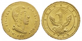Palermo, Carlo di Borbone 1734-1759
Oncia d'oro, 1734, AU 4.43 g.
Ref : MIR 547/1. Spahr 1, Fr. 886
Conservation : Superbe