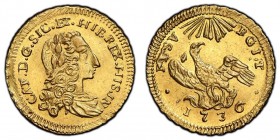 Palermo, Emissioni successive l'incoronazione 1736-1758
Oncia d'oro, 1736, AU 4.45 g.
Ref : MIR 564/2, Spahr 54, Fr. 887 Conservation : PCGS MS64. FDC