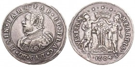 PARMA
Ranuccio I Farnese 1592-1622
Doppio ducatone, 1604, AG 63.48 g.
Avers : RAIN FARN PAR ET PLAC DVX IIII
Revers : QVESITAM MERITIS, Mars et Pallas...