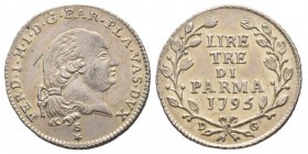 PARMA 
Ferdinando di Borbone 1765-1802
3 Lire, 1795, AG 3.66 g.
Ref : MIR 1076/5 (R), , CNI 140/141
Conservation : Superbe. Rare