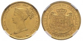 PARMA
Maria Luigia 1815-1847
40 Lire, Parma, 1821, AU 12.88 g.
Ref : MIR 1091/2 (R), Pag.2, G. IT42, Fr.933
Conservation : NGC AU58. Superbe