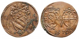 Pio V 1566-1572 (Antonio Michele Ghisleri)
Ferlino, Bologna, 1570, AE 1.30 g.
Ref : MIR 1109/1 (R3), Munt. 53, Berman 1120, CNI 39 
Conservation : pre...
