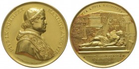 Pio IX 1846-1870
Medaglia in oro, 1852, AN VII, AU 50.34 g. 44 mm, Opus Zaccagnini
Avers : PIVS IX PONTIFEX MAXIMVS ANNO VII
Revers : VIA APPIA RES...