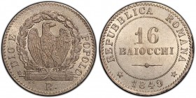 Seconda Repubblica Romana 1848-1849
16 Baiocchi, 1849 R, AG 
Ref : Pag. 340, Berman 3297
Conservation : PCGS MS64. FDC