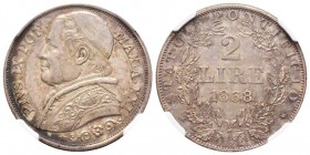 Pio IX 1846-1870 
2 Lire, Roma, 1868 R, Anno XXII , AG 10 g. 
Ref : Munt.48c, Pag. 559
Conservation : NGC MS62