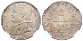 Pio IX 1846-1870 
2 Lire, Roma, 1869 R, Anno XXIV , AG 10 g. 
Ref : Munt. 48e, Pag. 561
Conservation : NGC MS64+