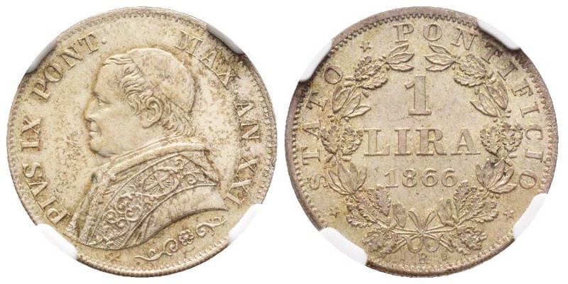Pio IX 1846-1870 
1 Lira, Roma, 1866 R, Anno XXI, AG 5 g. 
Ref : Munt.51, Pag 56...