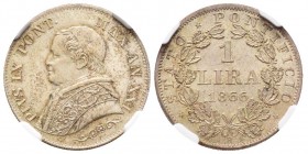 Pio IX 1846-1870 
1 Lira, Roma, 1866 R, Anno XXI, AG 5 g. 
Ref : Munt.51, Pag 566
Conservation : NGC MS65