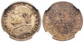 Pio IX 1846-1870 
1 Lira, Roma, 1869 R, Anno XXIII, AG 5 g. 
Ref : Pag 579
Conservation : NGC AU55