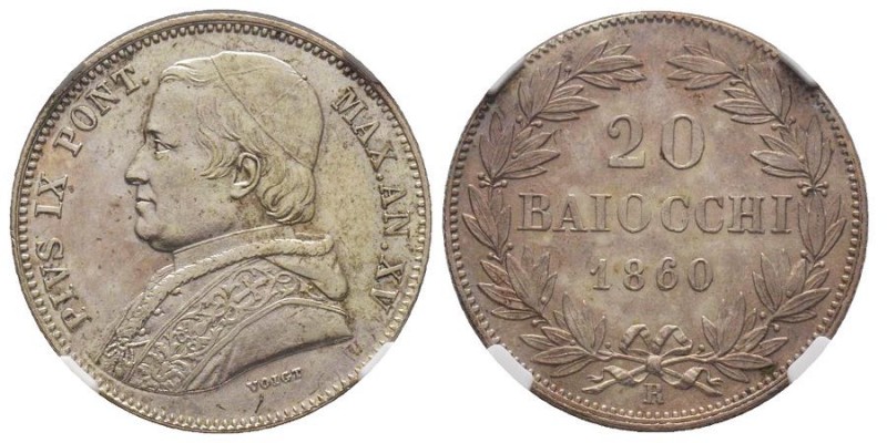Pio IX 1846-1870 
20 Baiocchi, Roma, 1860 A, A XV, AG 5.71 g. 
Ref : Pag. 417
Co...
