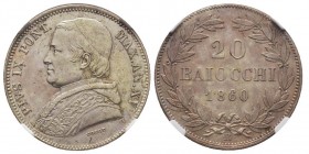 Pio IX 1846-1870 
20 Baiocchi, Roma, 1860 A, A XV, AG 5.71 g. 
Ref : Pag. 417
Conservation : NGC MS61