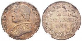 20 Baiocchi, Roma, 1861 A, A XV, AG 5.71 g. 
Ref : Pag. 418
Conservation : NGC MS64