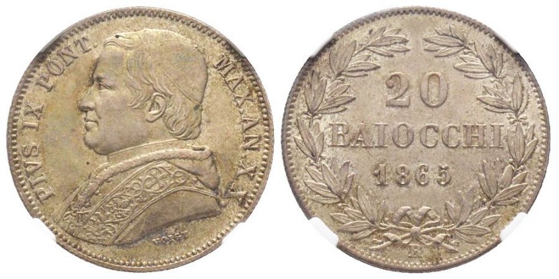 Pio IX 1846-1870 
Pius IX 1846-1870 
20 Baiocchi, Roma, 1865 A, A XX , AG 5.71 g...