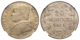 Pio IX 1846-1870 
Pius IX 1846-1870 
20 Baiocchi, Roma, 1865 A, A XX , AG 5.71 g. 
Ref : Pag. 427
Conservation : NGC MS64