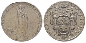 Pio XI 1922-1939 (Achille Ratti)
Errore di zecca, Lira del 1935 in Nickel battuta sul tondello di un 50 centesimi
Conservation : PCGS MS66. Rarissime