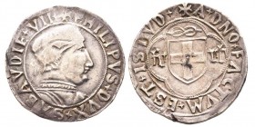Filippo II 1496-1497
Testone, I Tipo, ND, AG 9.36 g.
Avers : +PHILIPVS+DVX+SABAVDIE+VII+
Revers : A+DNO+FACTVM+EST+ISTVD+
Ref : MIR 277d (R8), Biaggi ...