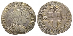 Carlo II 1504-1553
Testone, Bourg-en-Bresse, ND, AG 8.45 g.
Ref : MIR 339a var.(R2), Sim. 18, Biaggi 293m var.
Conservation : TTB+. Rare