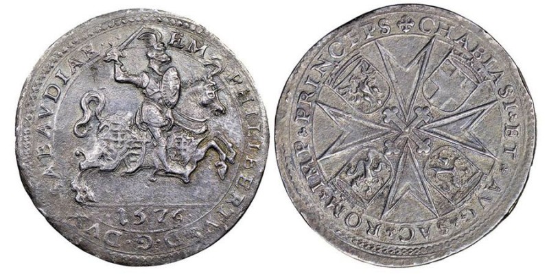 Emanuele Filiberto Duca 1559-1580
Tallero, ibrido III e IV tipo, Aosta, 1576, AG...