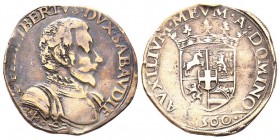 Emanuele Filiberto Duca 1559-1580
estone, II Tipo, Asti (?), 1560, AG 8.94 g.
Avers : E PHILIBERTVSDVX SABAVDIE
Revers : AVXILIVM MEVM. A. DOMINO, 156...