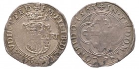 Emanuele Filiberto Duca 1559-1580
Bianco o 4 Soldi, I tipo, Vercelli, 1553 V, Mi 4.66 g.
Ref : MIR 520f, Sim. 45/6, Biaggi 438
Conservation : TTB