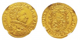 Carlo Emanuele I 1580-1630 
Doppia, II Tipo, Nizza, 1581 N, AU 6.56 g.
Ref : MIR 579b (R3), Sim.12/2, Biaggi 492l, Fr. 1049
Conservation : NGC MS62. T...