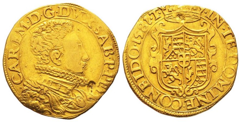 Carlo Emanuele I 1580-1630 
Doppia, II Tipo, Torino, 1581 T, AU 6.52 g.
Ref : MI...