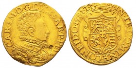 Carlo Emanuele I 1580-1630 
Doppia, II Tipo, Torino, 1581 T, AU 6.52 g.
Ref : MIR 579c (R3), Sim.12/3, Biaggi 492a, Fr. 1049
Ex Vente UBS 73, 5 Septem...