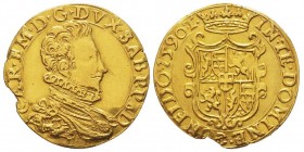 Carlo Emanuele I 1580-1630 
Doppia, IV Tipo, Torino, 1590 T, AU 6.4 g.
Ref : MIR 581a (R5), Sim. 12/12, Biaggi 492f
Conservation : TTB. Très Rare