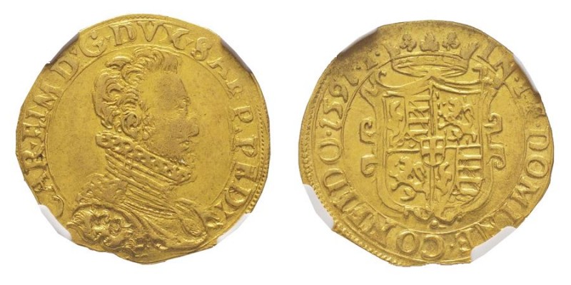 Carlo Emanuele I 1580-1630 
Doppia, IV Tipo, Torino, 1591 T, AU 6.53 g.
Ref : MI...
