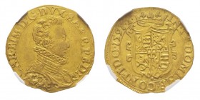 Carlo Emanuele I 1580-1630 
Doppia, IV Tipo, Torino, 1591 T, AU 6.53 g.
Ref : MIR 581c (R5), Sim. 12, Biaggi 492h
Ex Vente UBS 73, 23 Janvier 2007, lo...