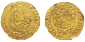 Carlo Emanuele II
Reggenza della madre 1638-1648
4 Scudi d'oro, I tipo, Torino, 1641, AU g. Ref : MIR 738c (R4), Biaggi 618
Conservation : NGC AU Deta...