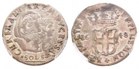 Carlo Emanuele II
Reggenza della madre 1638-1648
5 Soldi, Torino, 1648, Mi
Ref : MIR 762b, Sim. 25, Biaggi 638c
Conservation : PCGS XF40