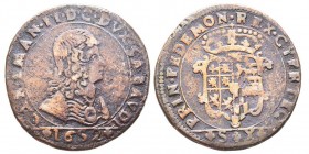 Carlo Emanuele II Duca 1648-1675
Mezza Lira, II Tipo, Torino, 1652, Mi 9.37 g.
Ref : MIR 818 (R9), Sim 33, Biaggi 691
Conqervation : TTB. Rarissime. F...
