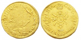 Vittorio Amedeo Duca II 1680-1713
Mezza Doppia, Torino, 1681, AU 3.26 g.
Ribattuta con un Louis d'oro di Luigi XIV
Ref : MIR 850 (R10), Sim. 9/2, Biag...