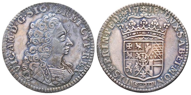 Amedeo II Re di Sicilia 1713-1718
1 Lira, II Tipo, Torino, 1718, AG 6.06 g
Ref :...