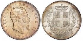 Vittorio Emanuele II 1861-1878 - Re d'Italia
5 Lire, Milano, 1869 M, AG 25 g.
Ref : MIR 1082h, Pag. 489
Conservation : PCGS MS62