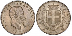 Vittorio Emanuele II 1861-1878 - Re d'Italia
5 Lire, Milano, 1870 M, AG 25 g.
Ref : MIR 1082i, Pag. 490
Conservation : PCGS MS63