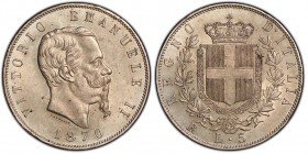Vittorio Emanuele II 1861-1878 - Re d'Italia
5 Lire, Roma, 1870, AG 25 g.
Ref : MIR 1082j (R), Pag. 491
Conservation : PCGS MS64