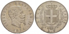 Vittorio Emanuele II 1861-1878 - Re d'Italia
5 Lire, Roma, 1876, AG 25 g.
Ref : MIR 1082x, Pag. 501
Conservation : SUP-FDC