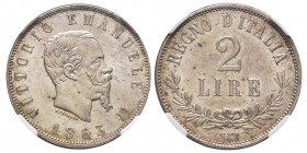 Vittorio Emanuele II 1861-1878 - Re d'Italia
2 Lire, Napoli, 1863, AG 10 g. 
Ref : MIR 1083c, Pag. 506
Conservation : NGC MS62+