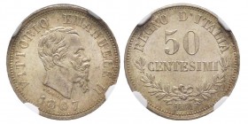 Vittorio Emanuele II 1861-1878 - Re d'Italia
50 centesimi, Milano, 1867 M, AG 2.5 g.
Ref : MIR 1088e, Pag. 531
Conservation : NGC MS63+ Le plus bel ex...