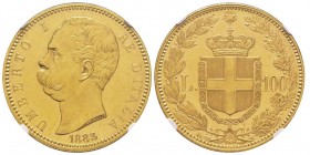 Umberto I 1878-1900
100 lire, Roma, 1883 R, AU 32.25 g.
Ref : MIR 1096c (R), Pag. 569, Fr.18
Conservation : NGC MS61 
Quantité : 4219 exemplaires. Rar...