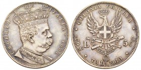 Umberto I 1878-1900 Colonia Eritrea
Tallero da 5 Lire 1891, AG 28.08 g.
Ref : MIR 1110a, Pag. 630, KM#4
Conservation : Superbe