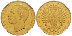Vittorio Emanuele III 1900-1943
100 Lire, Roma, 1903 R, AU 32.25 g.
Ref : MIR 1114a (R2), Pag. 638, Fr. 22
Conservation : NGC MS61. Deuxième plus haut...