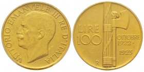 Vittorio Emanuele III 1900-1943
100 lire, Roma, 1923 R, AU 32.20 g.
Ref : MIR.1116a (R), Pag.644, Fr.30
Conservation : PCGS MS62.