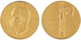 Vittorio Emanuele III 1900-1943
100 lire, Roma, 1923 R, AU 32.20 g.
Ref : MIR.1116a (R), Pag.644, Fr.30
Conservation : PCGS MS64 MATTE. Conservation e...